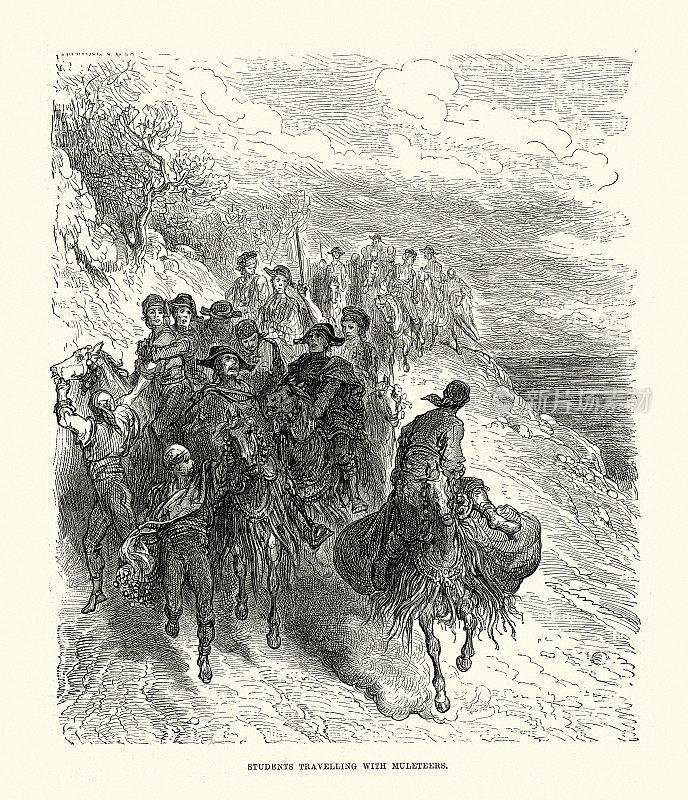 学生和骡夫一起旅行，西班牙，古斯塔夫・多雷(Gustave Dore)绘制，19世纪西班牙历史